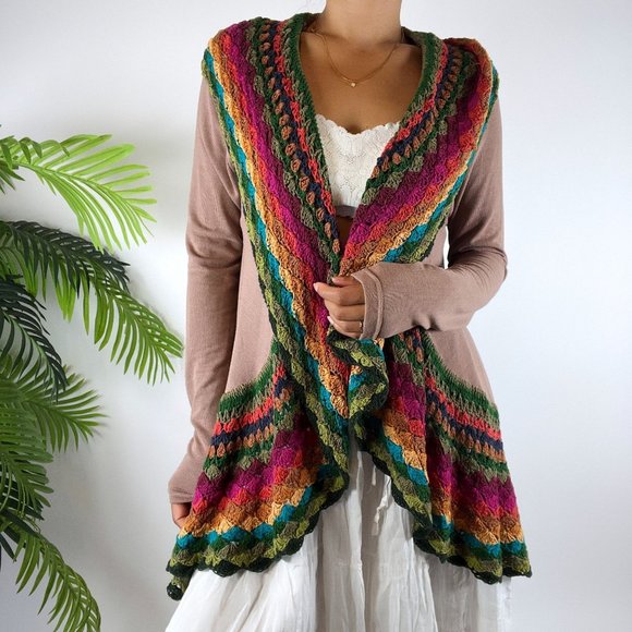 Double Zero Sweaters - Vintage Y2K Brown Boho Fairy Grunge Hippie Rainbow Crochet Cardigan / Size: S